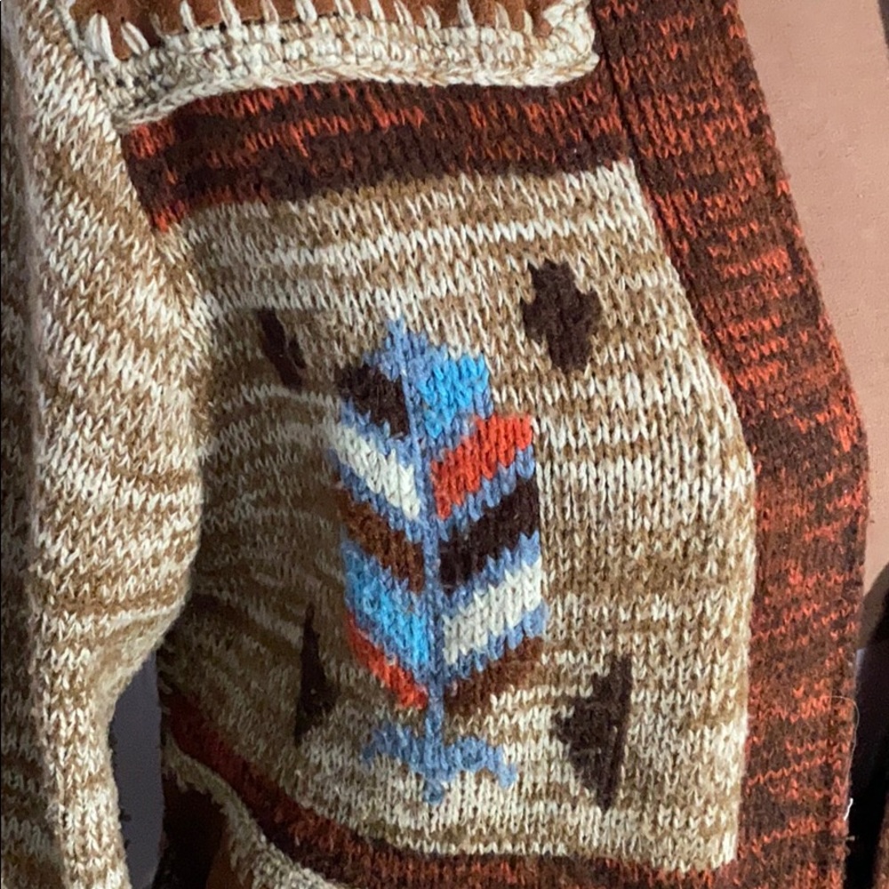 Vintage tribal aztec leather wool belted sweater - Picture 4 of 8